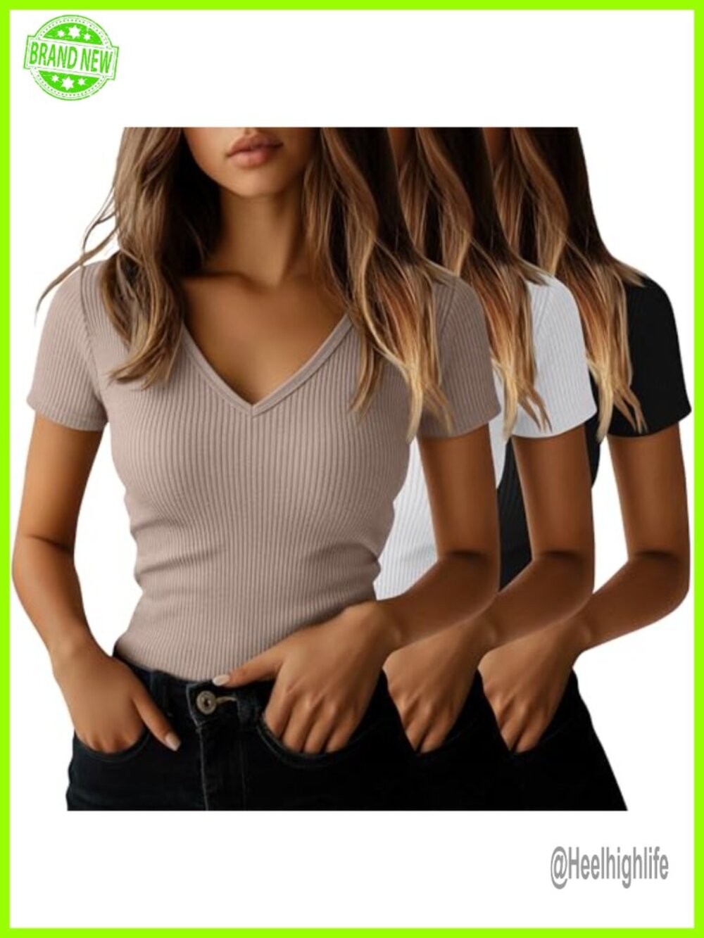 Ribbed Cotton V-Neck Slim Fit Short Sleeve T-Shirts 3 Pack